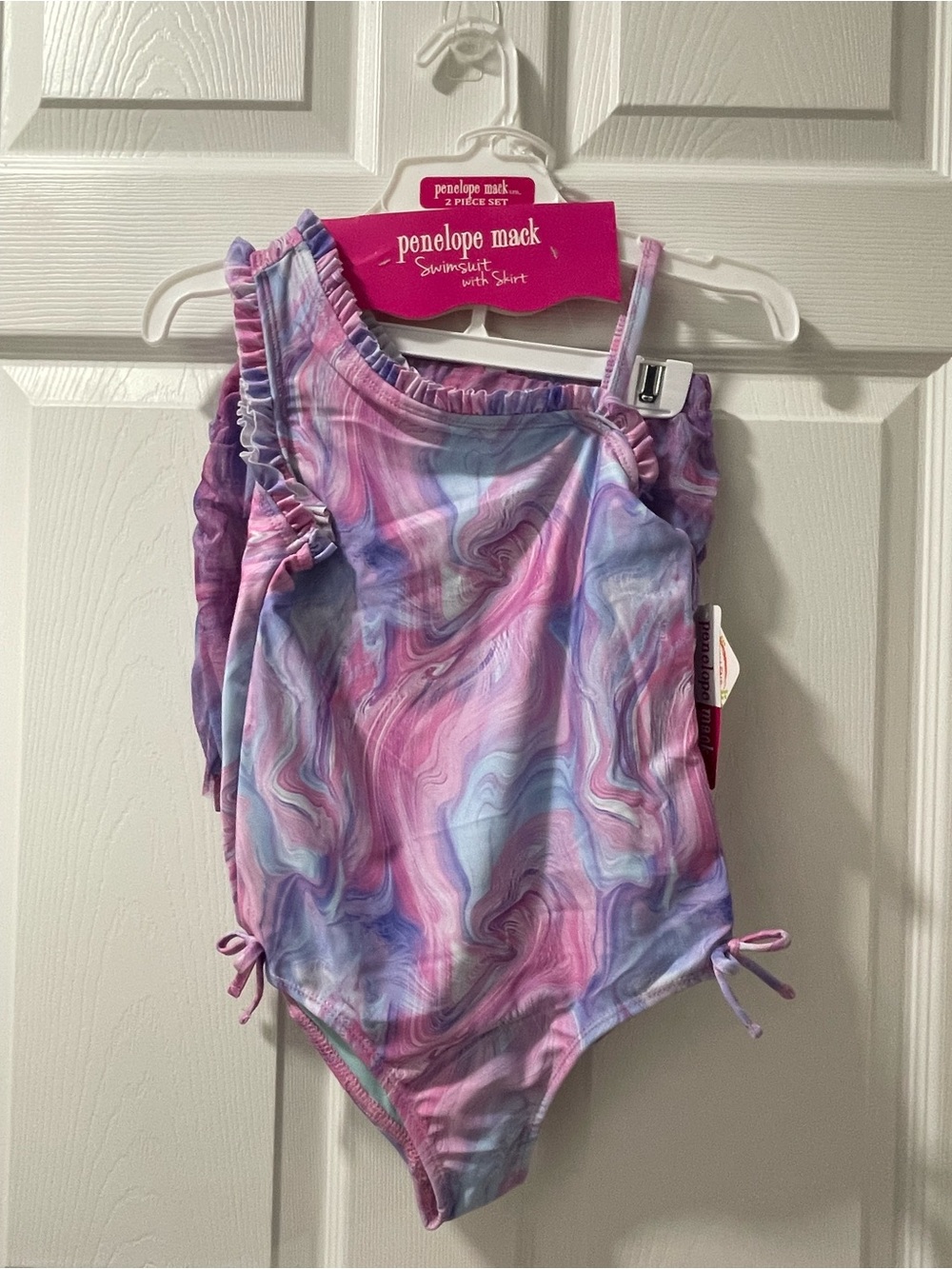Penelope Mack Pastel Swirl Girls One-Piece Swimsuit - Pink, Lavender, Light Blue